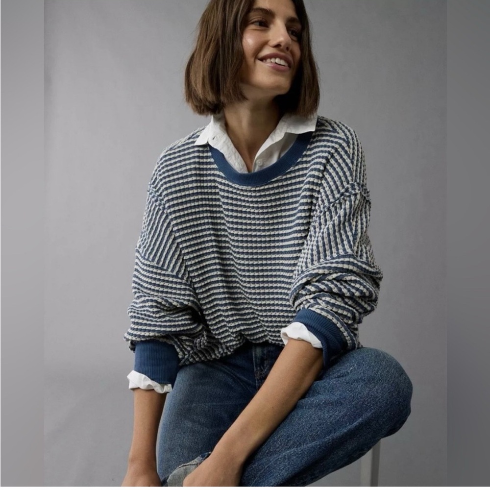 American Eagle Big Hug Waffle Crewneck Striped Sweater size XXS